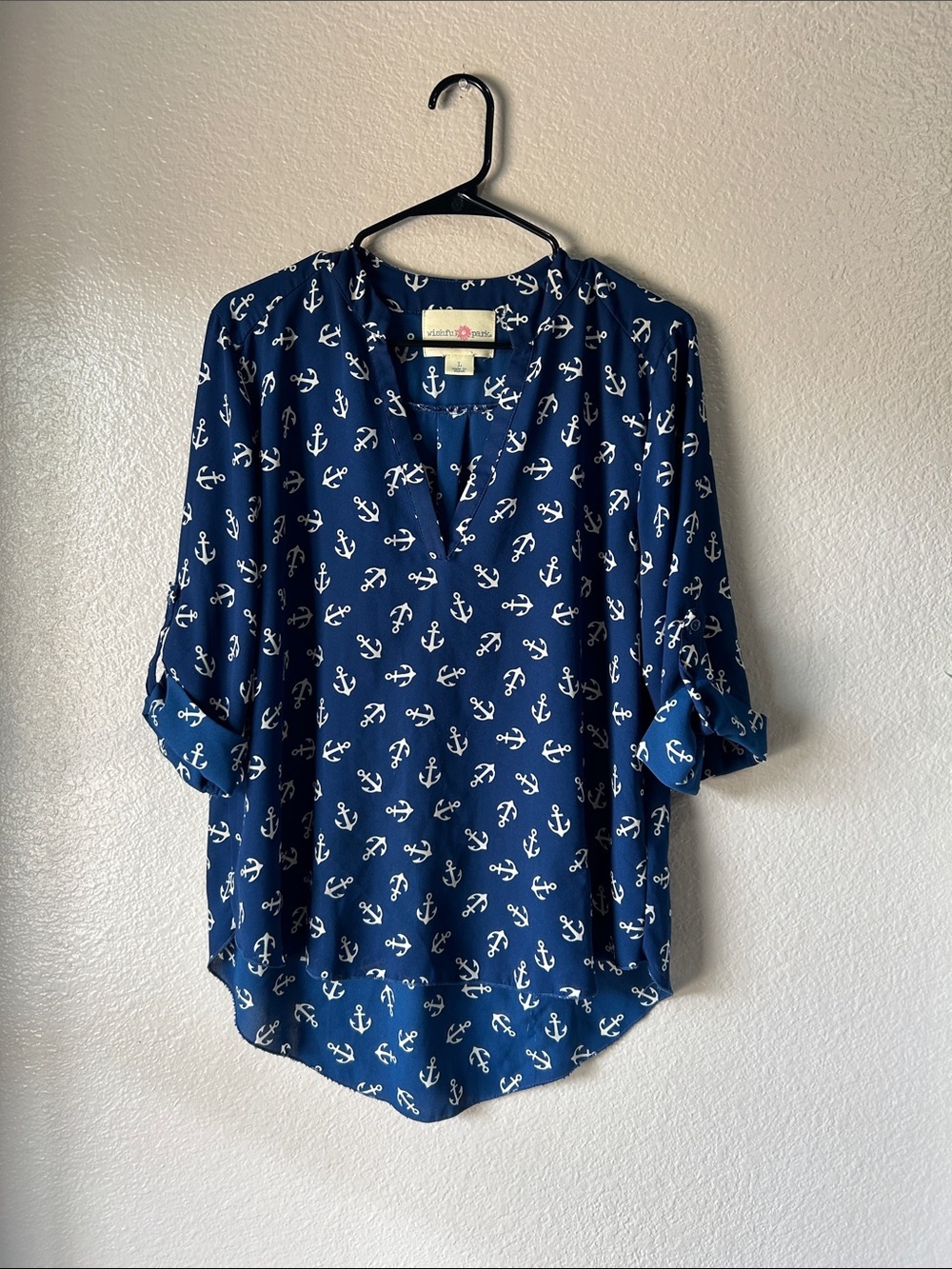 Wishful Park Navy Blue Anchor Print Tunic Sz L nautical Lightweight Chic